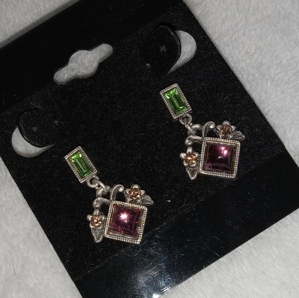Silver Tone Geometric Floral Drop Earrings - Picture 2 of 4